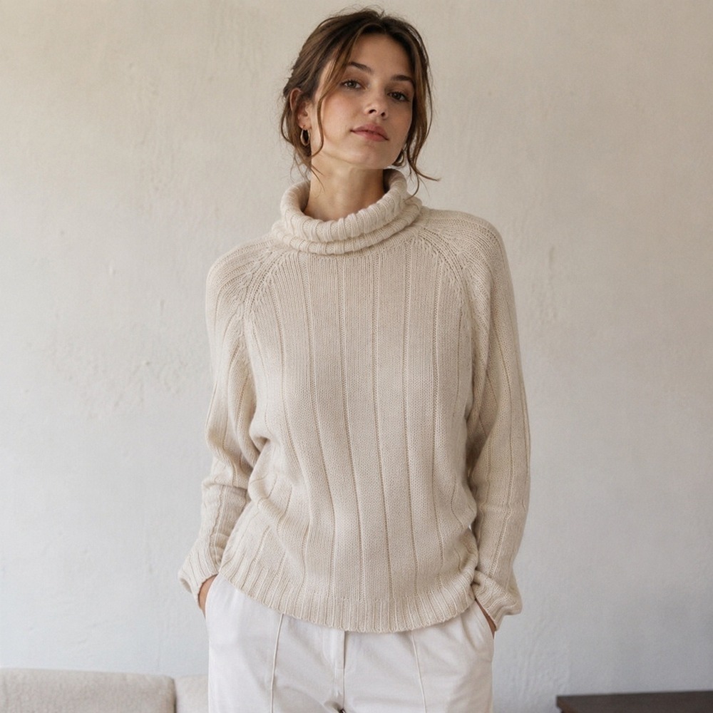 Vintage Sutton Studio Womens Cashmere Sweater Large Cream Ribbed Turtleneck Knit